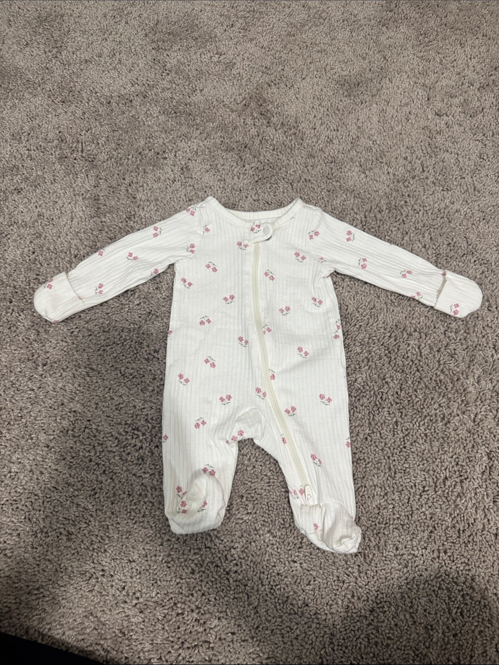 Carter's Cream Ribbed Footed One-Piece with Pink Floral Accents